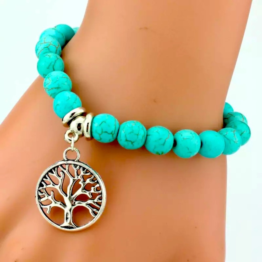 NWT Tree of Life Turquoise & Silver Beaded Bracelet